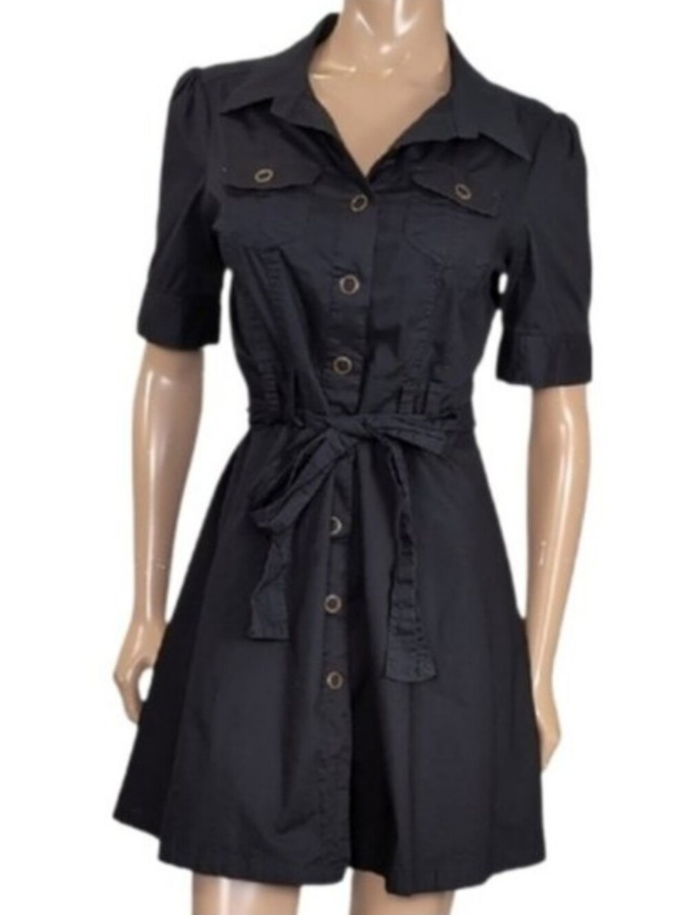 Vintage Smart Set Black Shirt Dress Womens Junior Size 11 Belted Short Sleeve